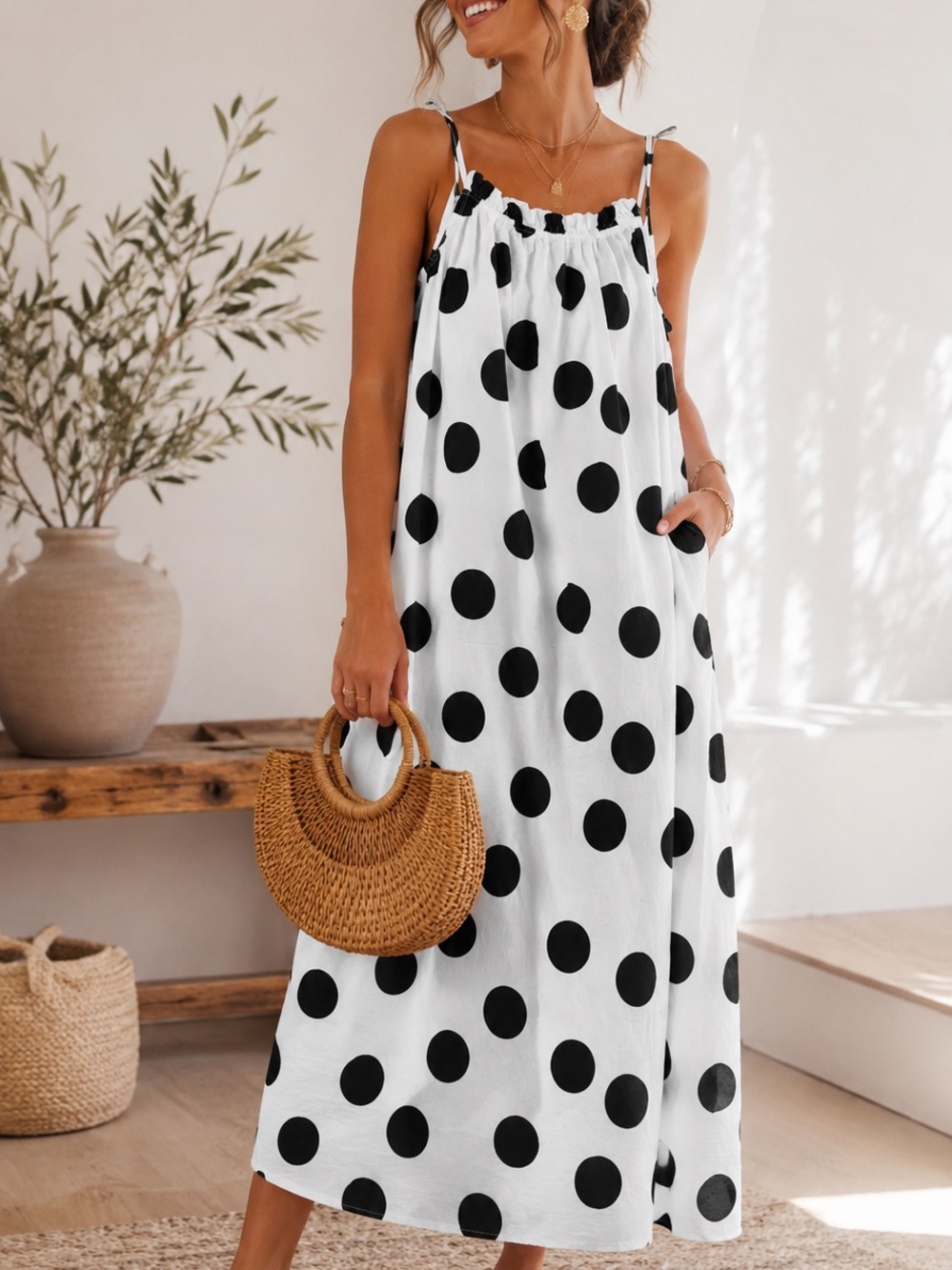 Women Cotton Lace Strap Midi Black White Large Polka Trendy Summer Dress Pockets